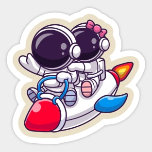 Cute Astronaut Couple Riding Rocket Cartoon Sticker